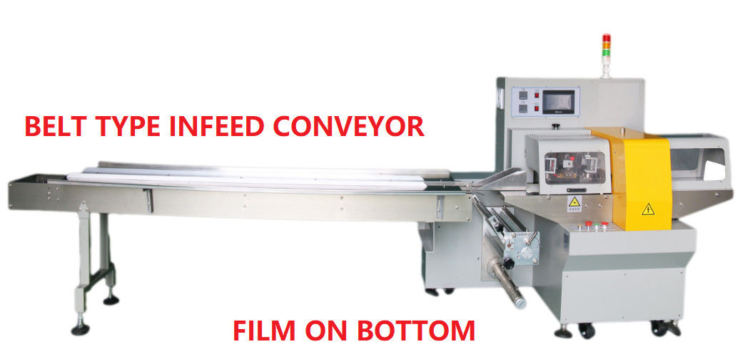 Conveying 220V Horizontal Flow Wrap Packing Machine Film On Bottom 450mm Film Width